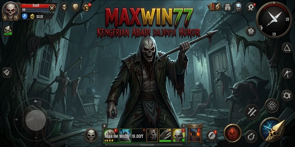 Screenshot gameplay <strong>MAXWIN77</strong> menampilkan suasana horor yang mencekam.