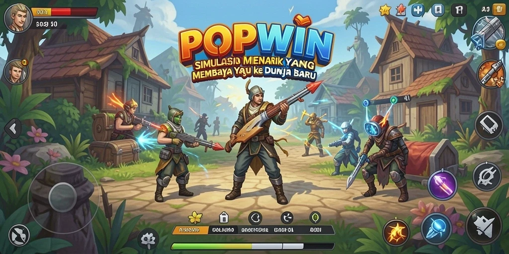 Screenshot utama POPWIN memperlihatkan gameplay simulation yang menarik dan interaktif.