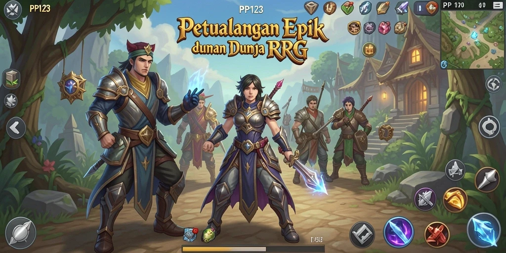 Screenshot utama PP123 menampilkan aksi pertarungan seru dalam permainan RPG.