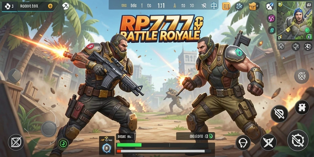 Screenshot menunjukkan aksi seru dalam pertempuran Battle Royale RP777.